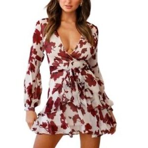 Saints + Secrets floral Ruffle Mini Dress Red & Tan 🍂🍁🍷